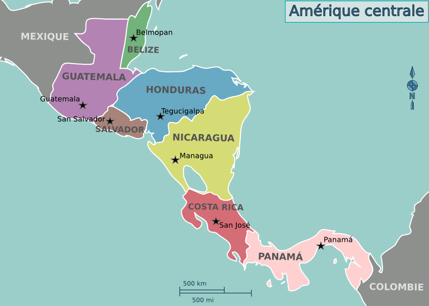 Carte géographique de l'Amérique Centrale, Costa Rica, Nicaragua, Panama